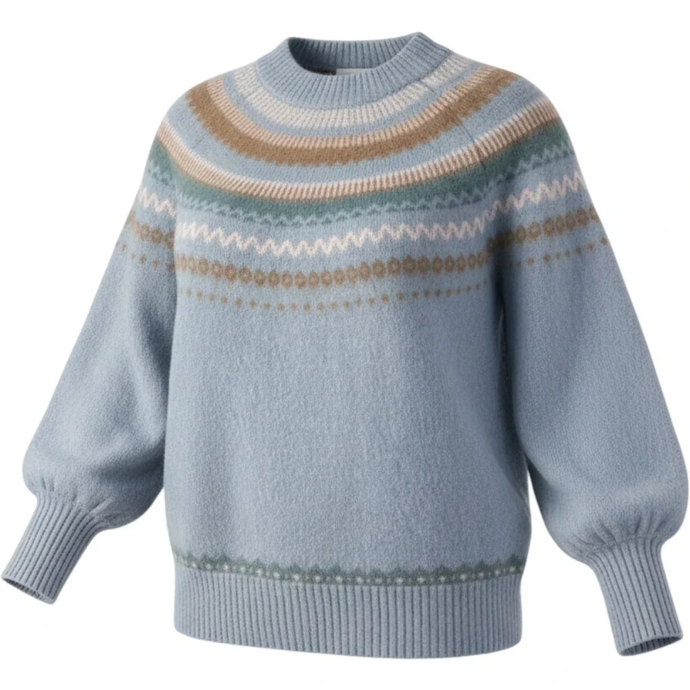 J. Crew Fair Isle Alpaca Wool Blend Yoke Sweater Dusty Blue BD152 Womens L NWT
